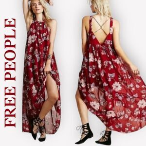 FREE PEOPLE Dark Red Floral Maxi Dress Fully Lined Criss Cross Back EUC Small